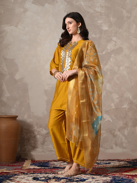 Myshka Women Mustard Floral Yoke Design Sequinned A-Line Kurta Set with Dupatta