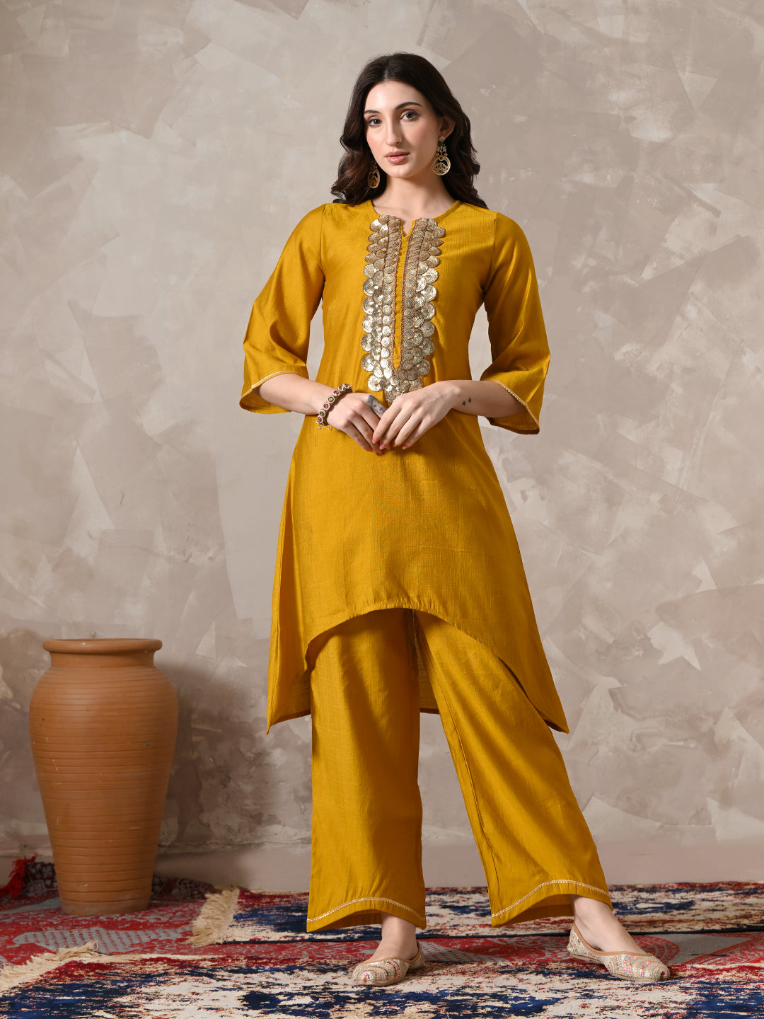 Myshka Women Mustard Floral Yoke Design Sequinned A-Line Kurta Set with Dupatta - Distacart