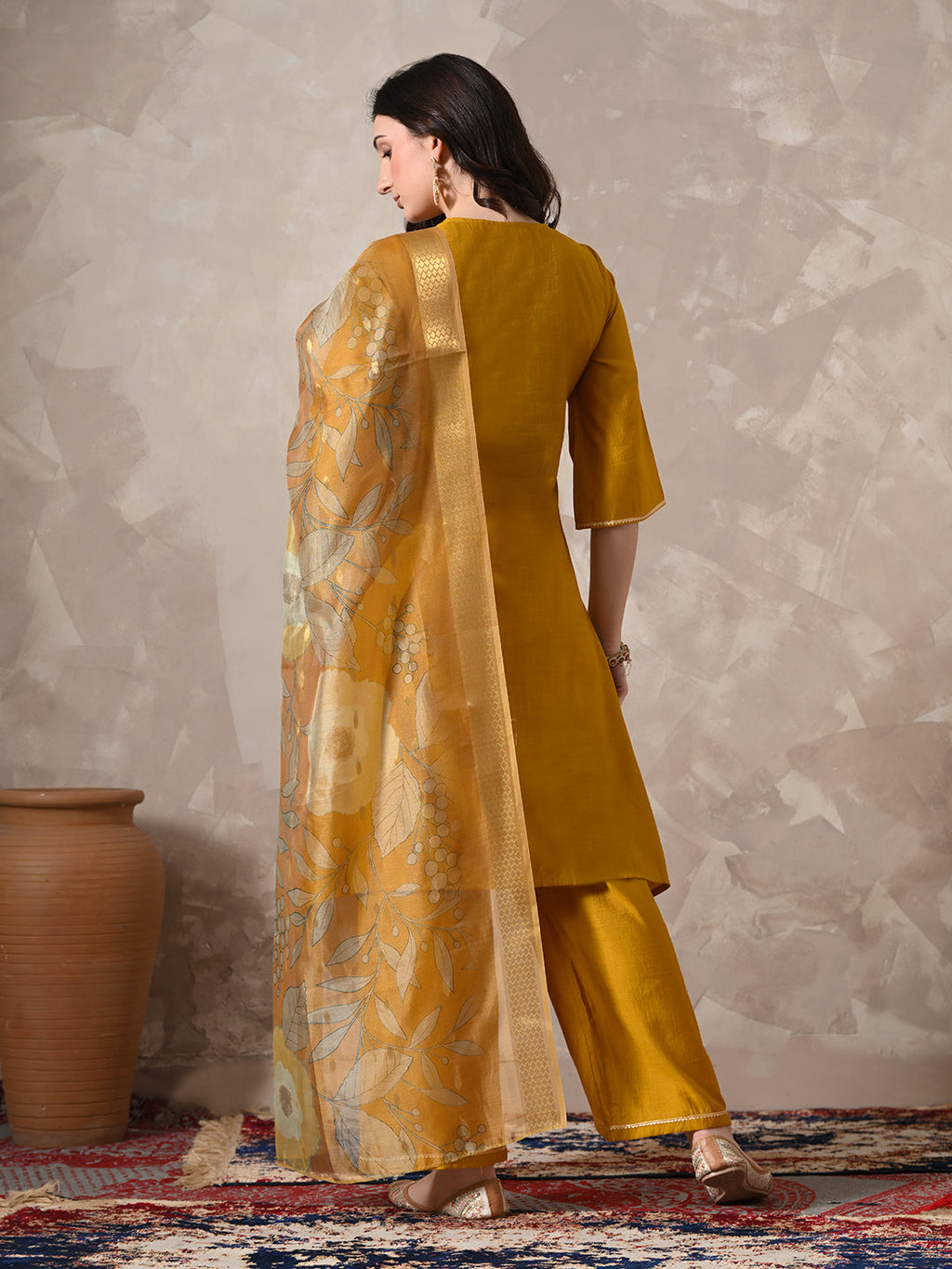 Myshka Women Mustard Floral Yoke Design Sequinned A-Line Kurta Set with Dupatta - Distacart