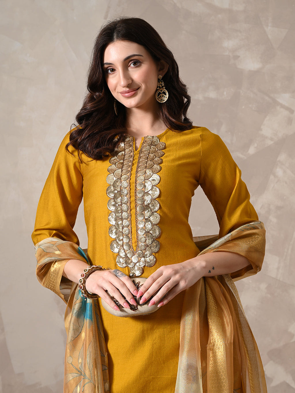 Myshka Women Mustard Floral Yoke Design Sequinned A-Line Kurta Set with Dupatta - Distacart