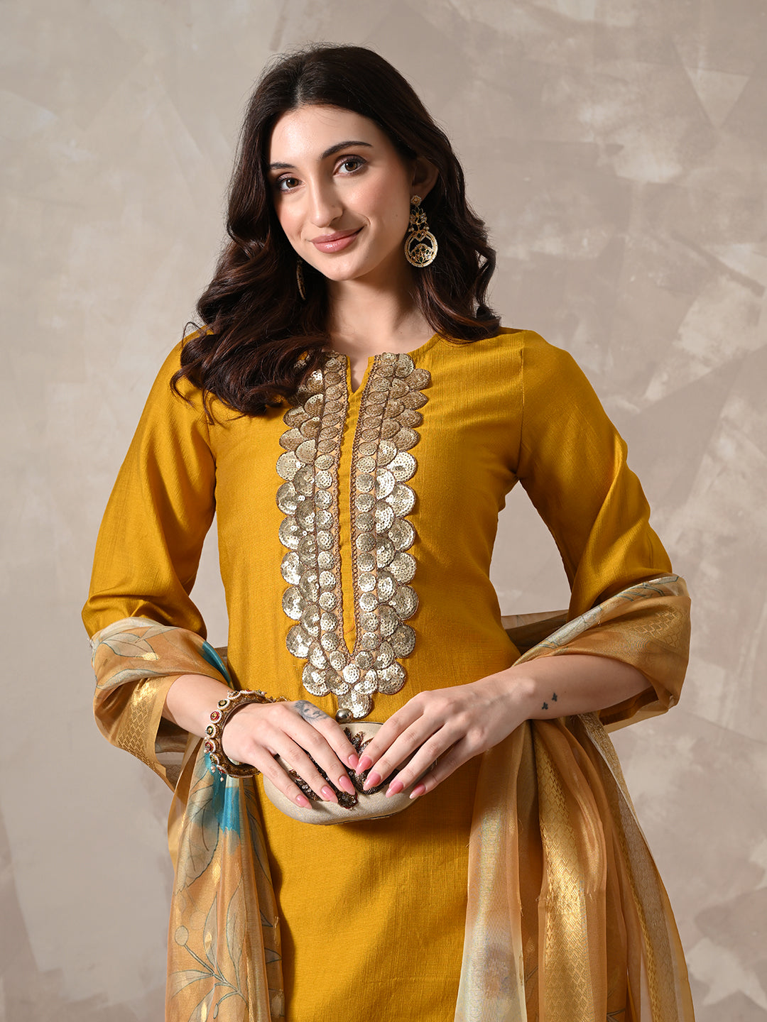 Myshka Women Mustard Floral Yoke Design Sequinned A-Line Kurta Set with Dupatta - Distacart