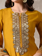 Myshka Women Mustard Floral Yoke Design Sequinned A-Line Kurta Set with Dupatta - Distacart