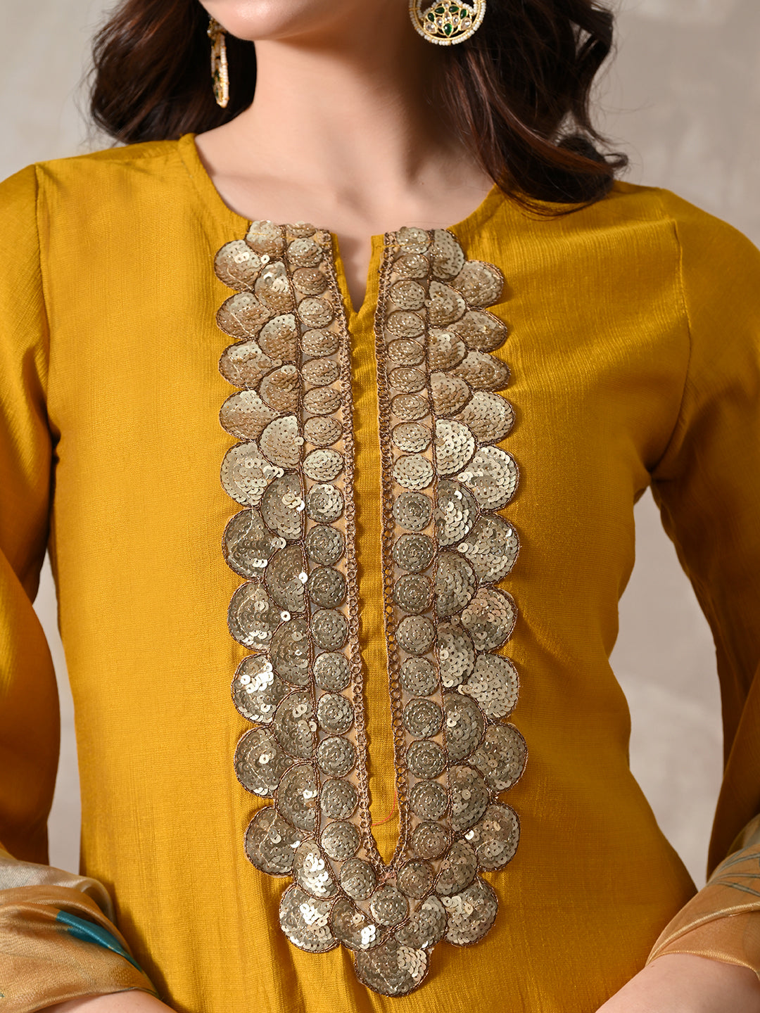 Myshka Women Mustard Floral Yoke Design Sequinned A-Line Kurta Set with Dupatta - Distacart