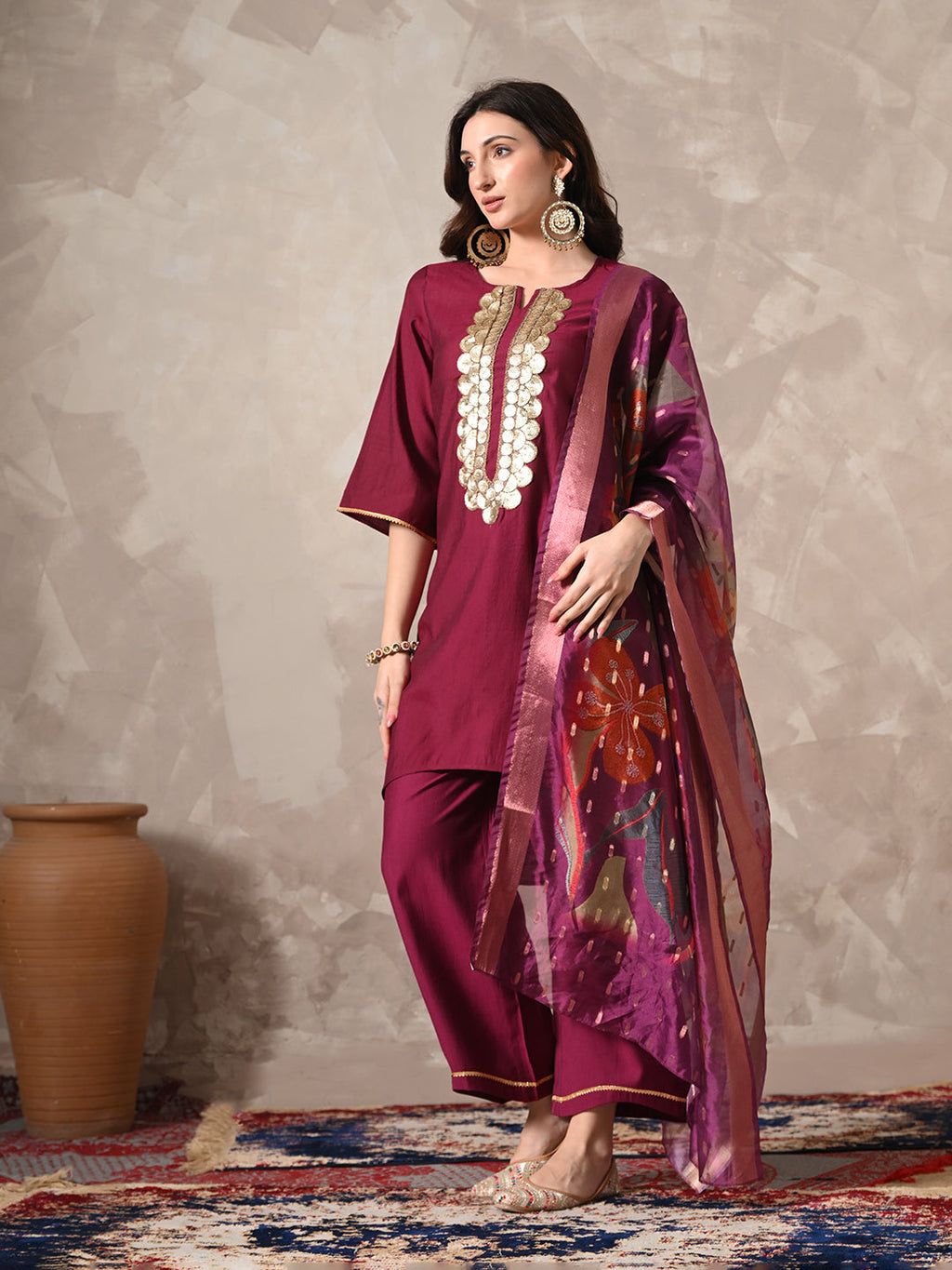Myshka Women Magenta Floral Yoke Design Sequinned A-Line Kurta Set with Dupatta - Distacart