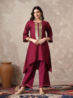 Myshka Women Magenta Floral Yoke Design Sequinned A-Line Kurta Set with Dupatta - Distacart