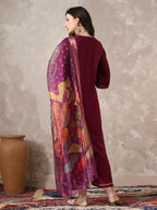Myshka Women Magenta Floral Yoke Design Sequinned A-Line Kurta Set with Dupatta - Distacart