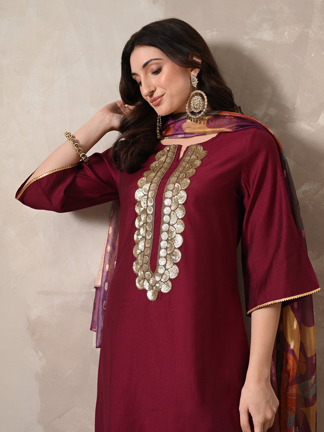 Myshka Women Magenta Floral Yoke Design Sequinned A-Line Kurta Set with Dupatta - Distacart