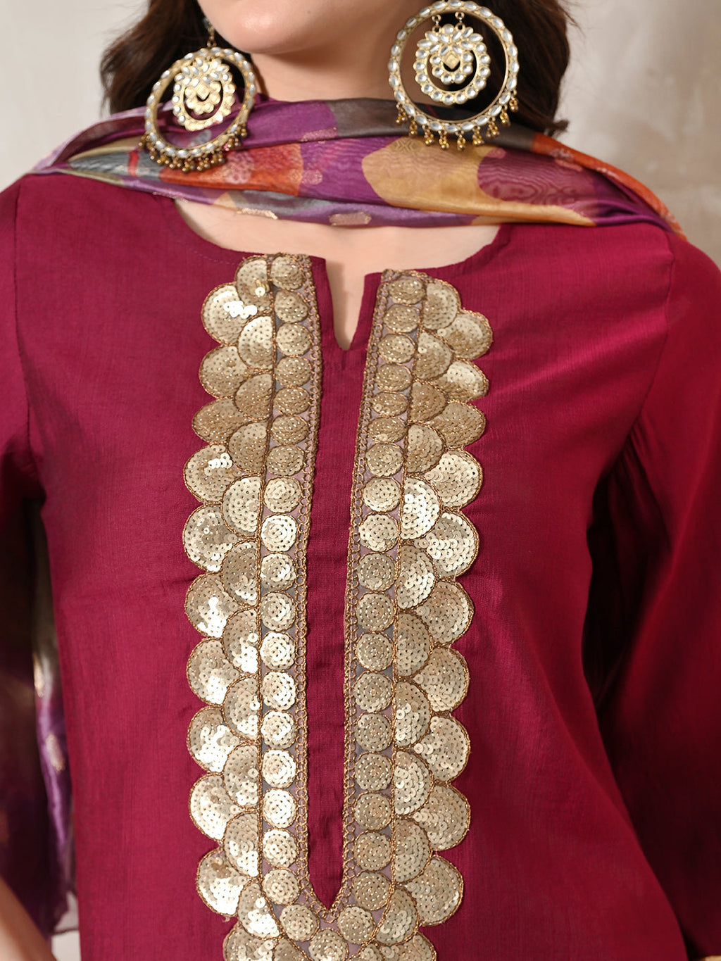 Myshka Women Magenta Floral Yoke Design Sequinned A-Line Kurta Set with Dupatta - Distacart