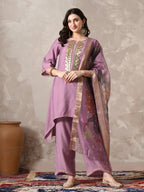 Myshka Women Lavender Floral Yoke Design Sequinned A-Line Kurta Set with Dupatta - Distacart