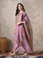 Myshka Women Lavender Floral Yoke Design Sequinned A-Line Kurta Set with Dupatta - Distacart