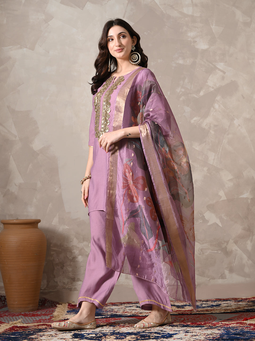 Myshka Women Lavender Floral Yoke Design Sequinned A-Line Kurta Set with Dupatta - Distacart