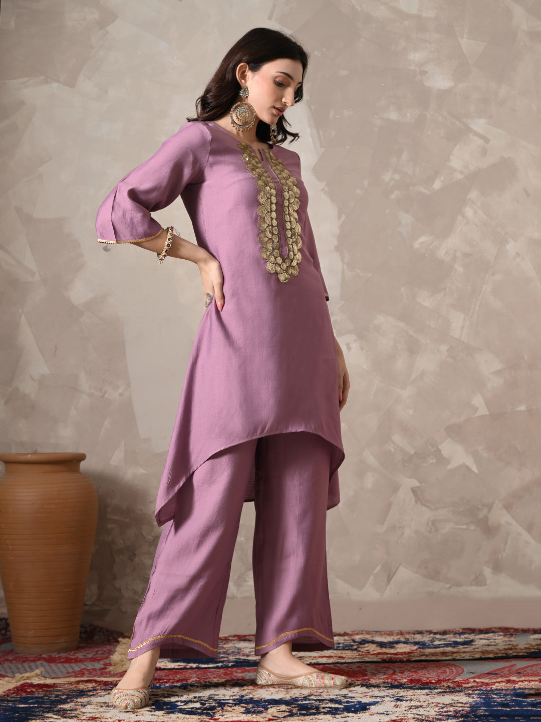 Myshka Women Lavender Floral Yoke Design Sequinned A-Line Kurta Set with Dupatta - Distacart