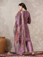 Myshka Women Lavender Floral Yoke Design Sequinned A-Line Kurta Set with Dupatta - Distacart