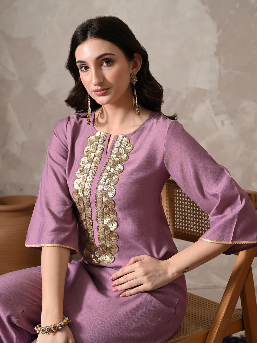 Myshka Women Lavender Floral Yoke Design Sequinned A-Line Kurta Set with Dupatta - Distacart