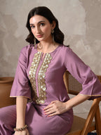 Myshka Women Lavender Floral Yoke Design Sequinned A-Line Kurta Set with Dupatta - Distacart