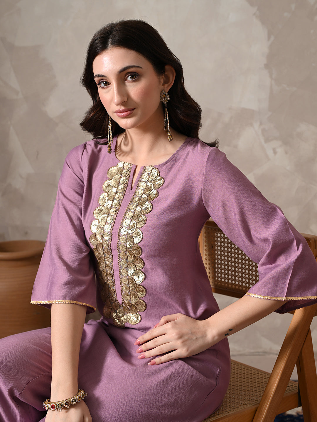 Myshka Women Lavender Floral Yoke Design Sequinned A-Line Kurta Set with Dupatta - Distacart