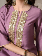 Myshka Women Lavender Floral Yoke Design Sequinned A-Line Kurta Set with Dupatta - Distacart