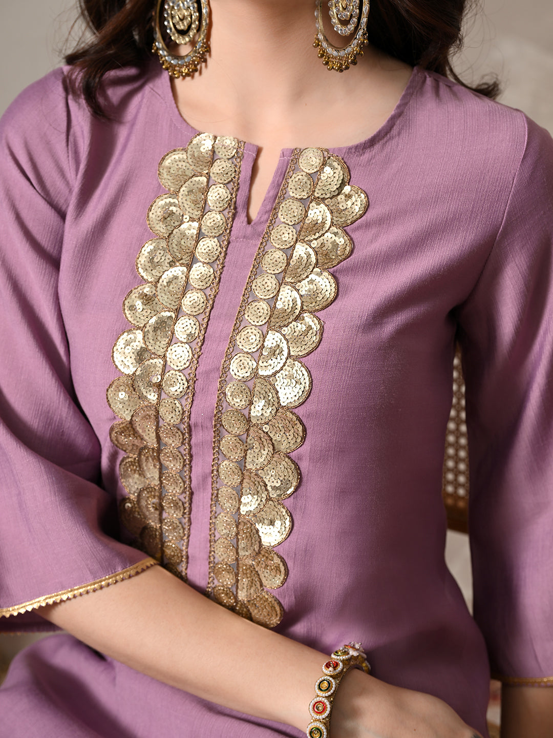 Myshka Women Lavender Floral Yoke Design Sequinned A-Line Kurta Set with Dupatta - Distacart
