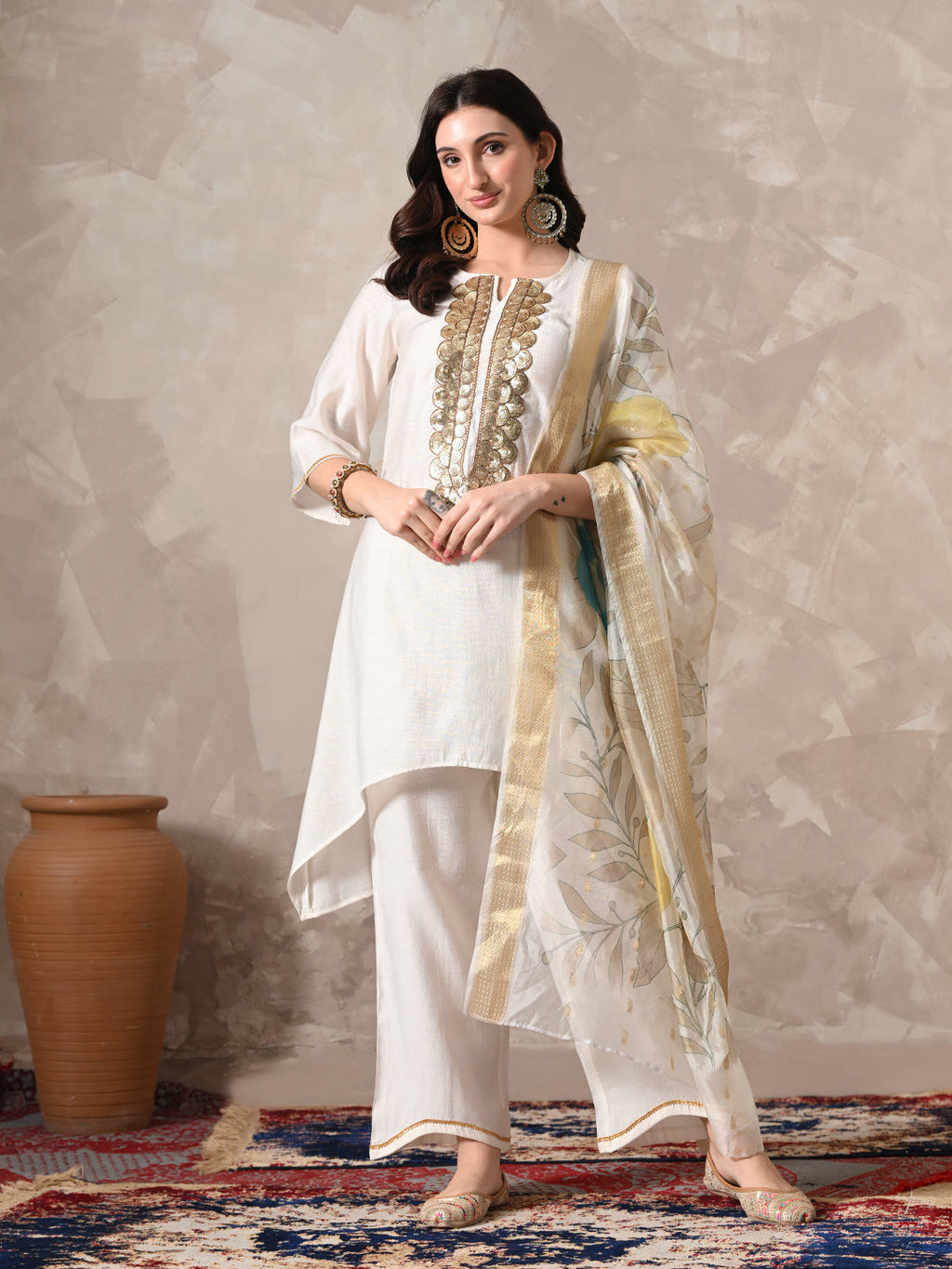 Myshka Women White Floral Yoke Design Sequinned A-Line Kurta Set with Dupatta - Distacart