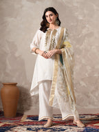 Myshka Women White Floral Yoke Design Sequinned A-Line Kurta Set with Dupatta - Distacart