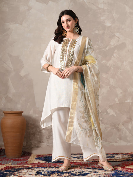 Myshka Women White Floral Yoke Design Sequinned A-Line Kurta Set with Dupatta
