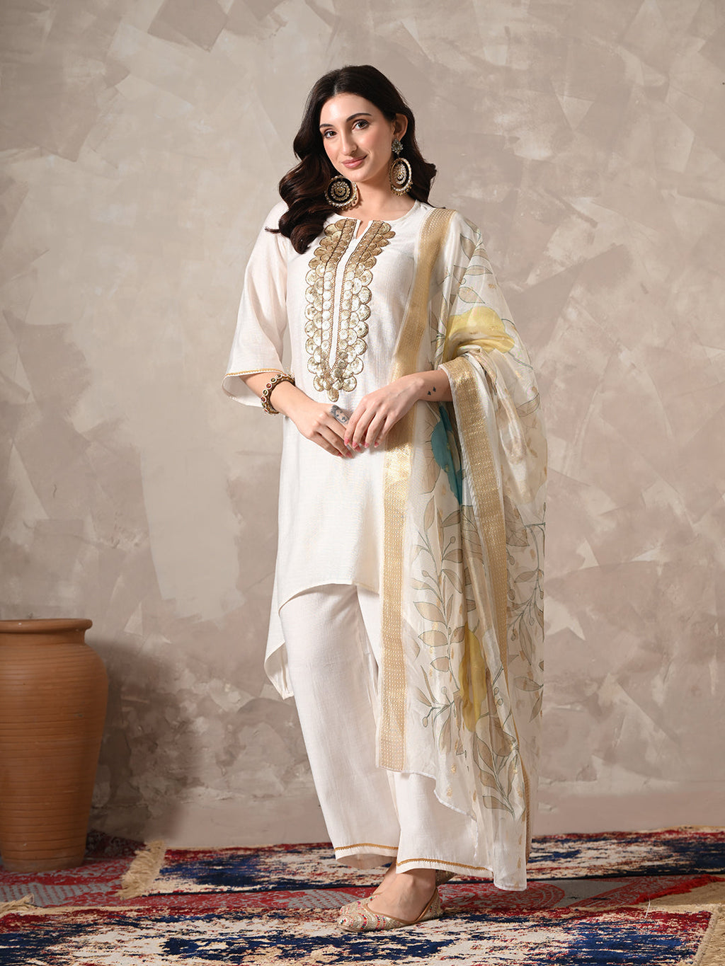 Myshka Women White Floral Yoke Design Sequinned A-Line Kurta Set with Dupatta - Distacart