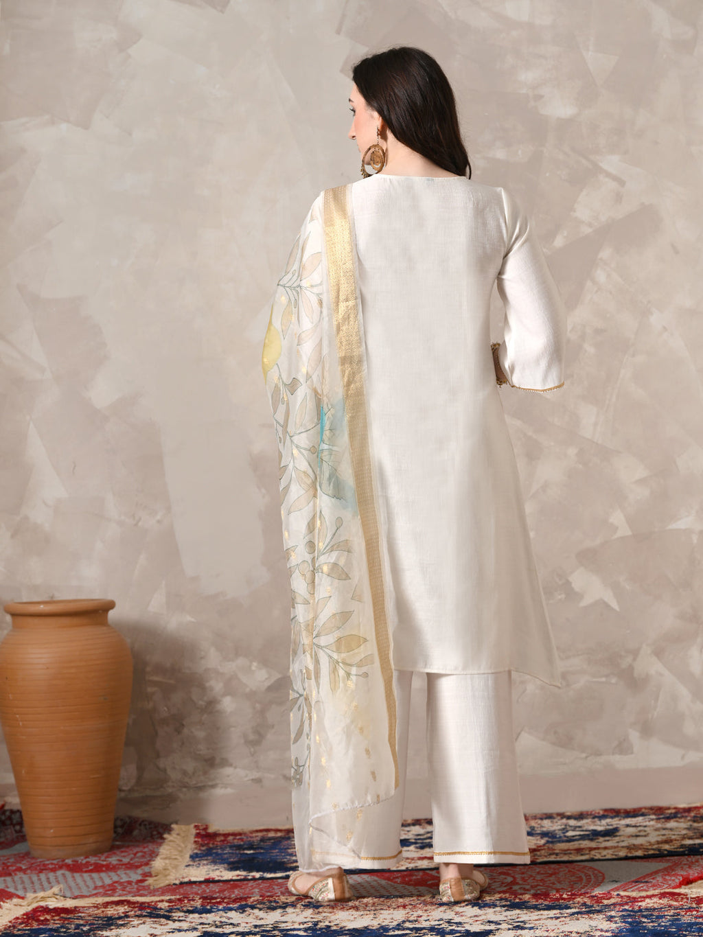 Myshka Women White Floral Yoke Design Sequinned A-Line Kurta Set with Dupatta - Distacart