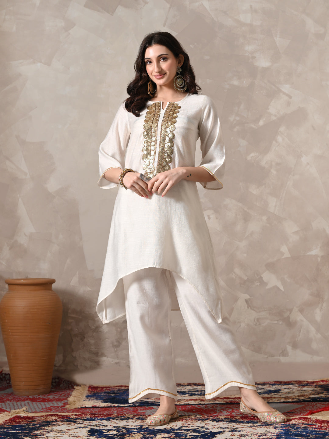 Myshka Women White Floral Yoke Design Sequinned A-Line Kurta Set with Dupatta - Distacart