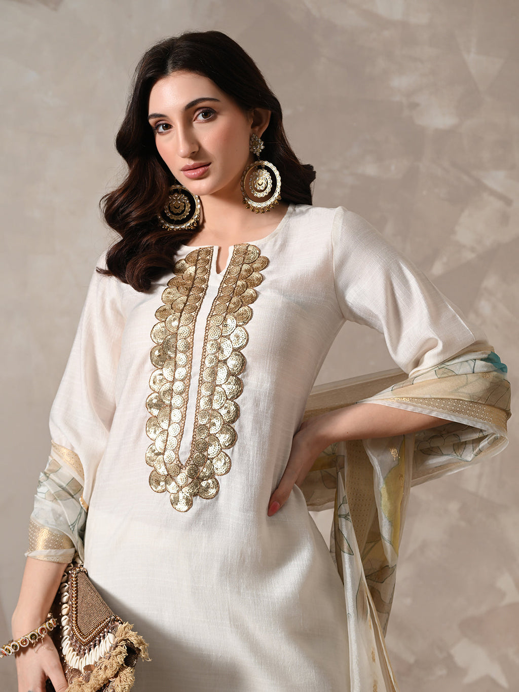 Myshka Women White Floral Yoke Design Sequinned A-Line Kurta Set with Dupatta - Distacart