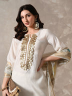 Myshka Women White Floral Yoke Design Sequinned A-Line Kurta Set with Dupatta - Distacart