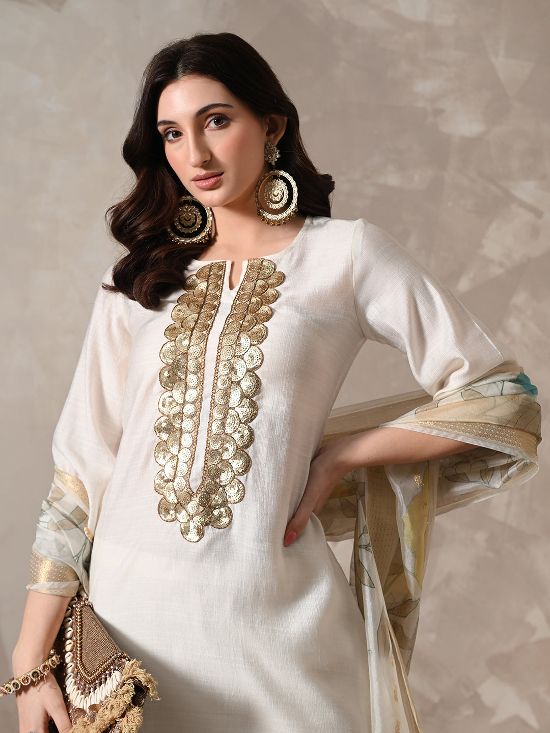 Myshka Women White Floral Yoke Design Sequinned A-Line Kurta Set with Dupatta - Distacart