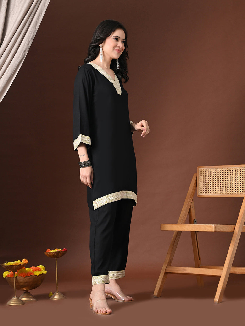 Myshka Women Black Rayon Three-Forth Sleeve Kurta with Trouser - Distacart