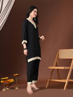 Myshka Women Black Rayon Three-Forth Sleeve Kurta with Trouser - Distacart
