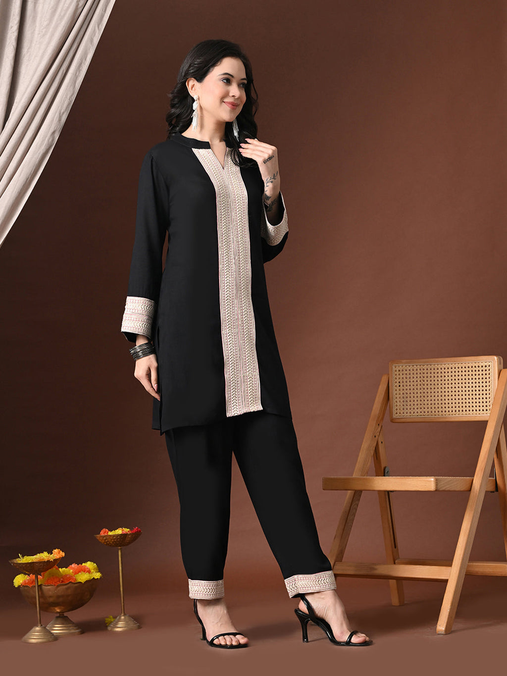 Myshka Women Black Rayon Three-Forth Sleeve Kurta with Trouser - Distacart