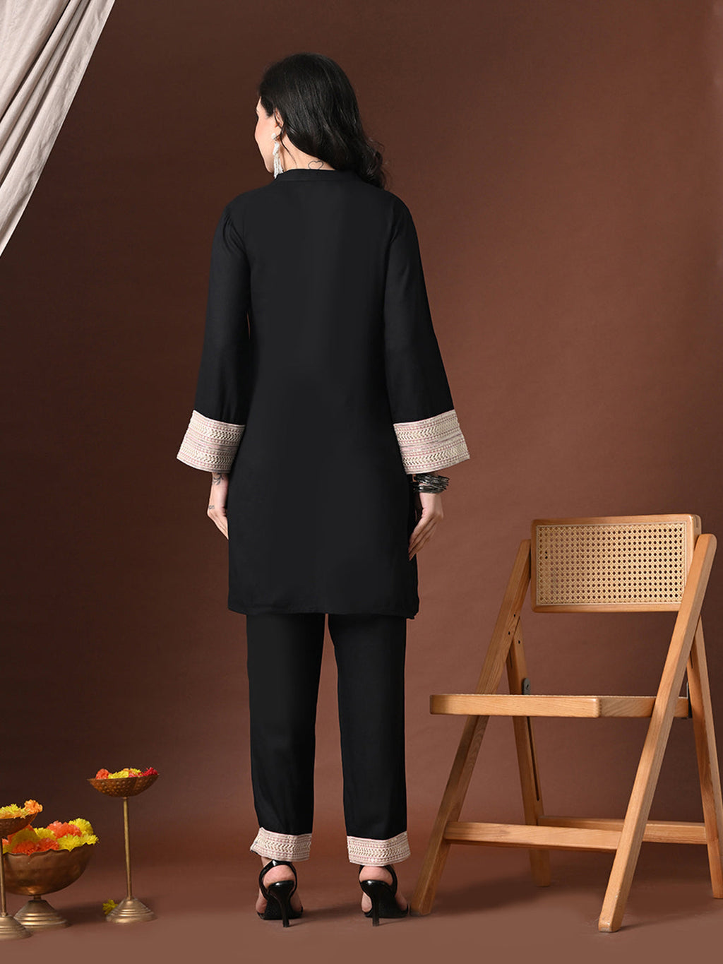 Myshka Women Black Rayon Three-Forth Sleeve Kurta with Trouser - Distacart