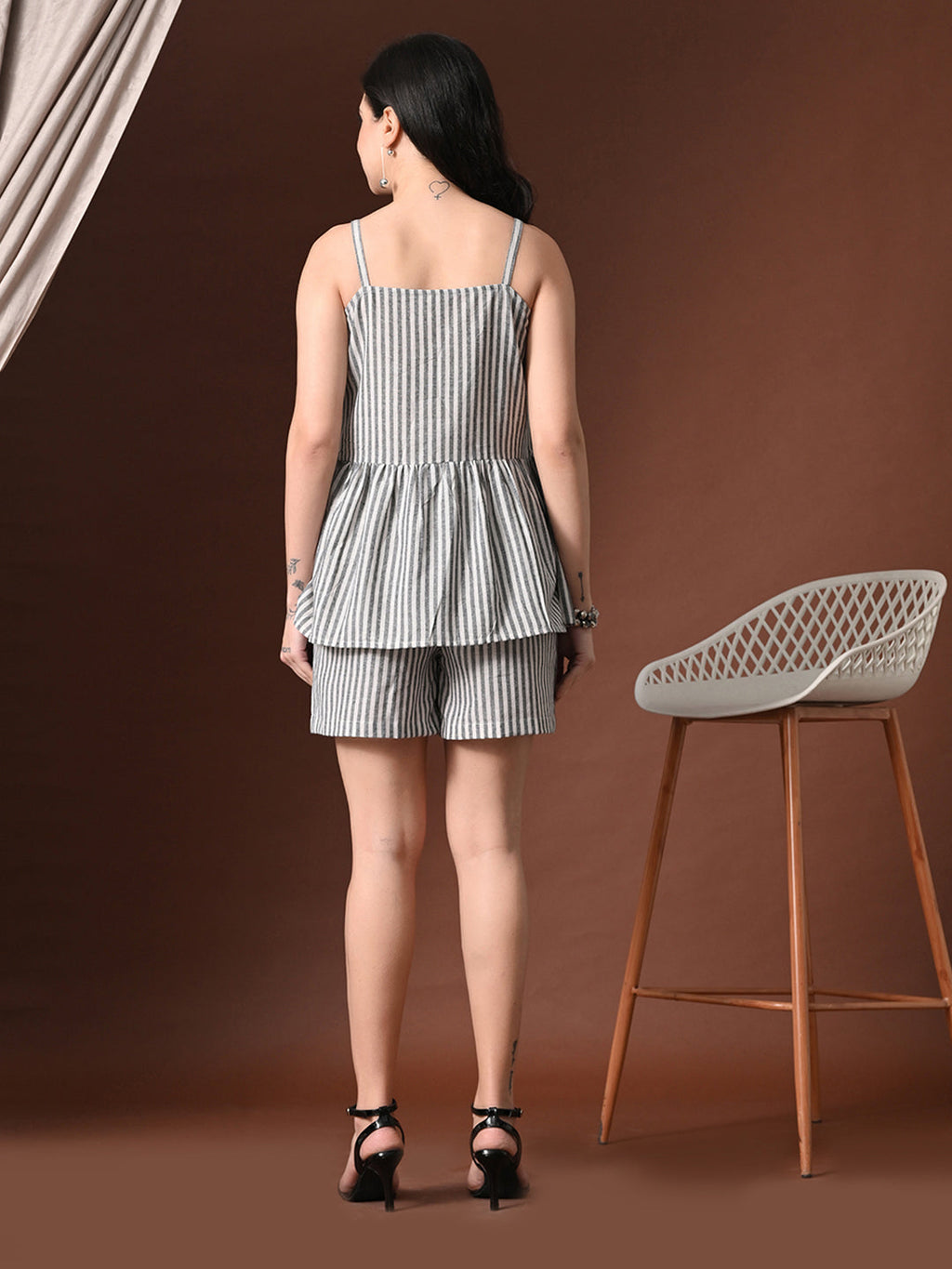 Myshka Women Cotton Striped Shoulder Sleeve Peplum Top with Shorts - Distacart
