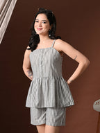 Myshka Women Cotton Striped Shoulder Sleeve Peplum Top with Shorts - Distacart