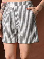 Myshka Women Cotton Striped Shoulder Sleeve Peplum Top with Shorts - Distacart