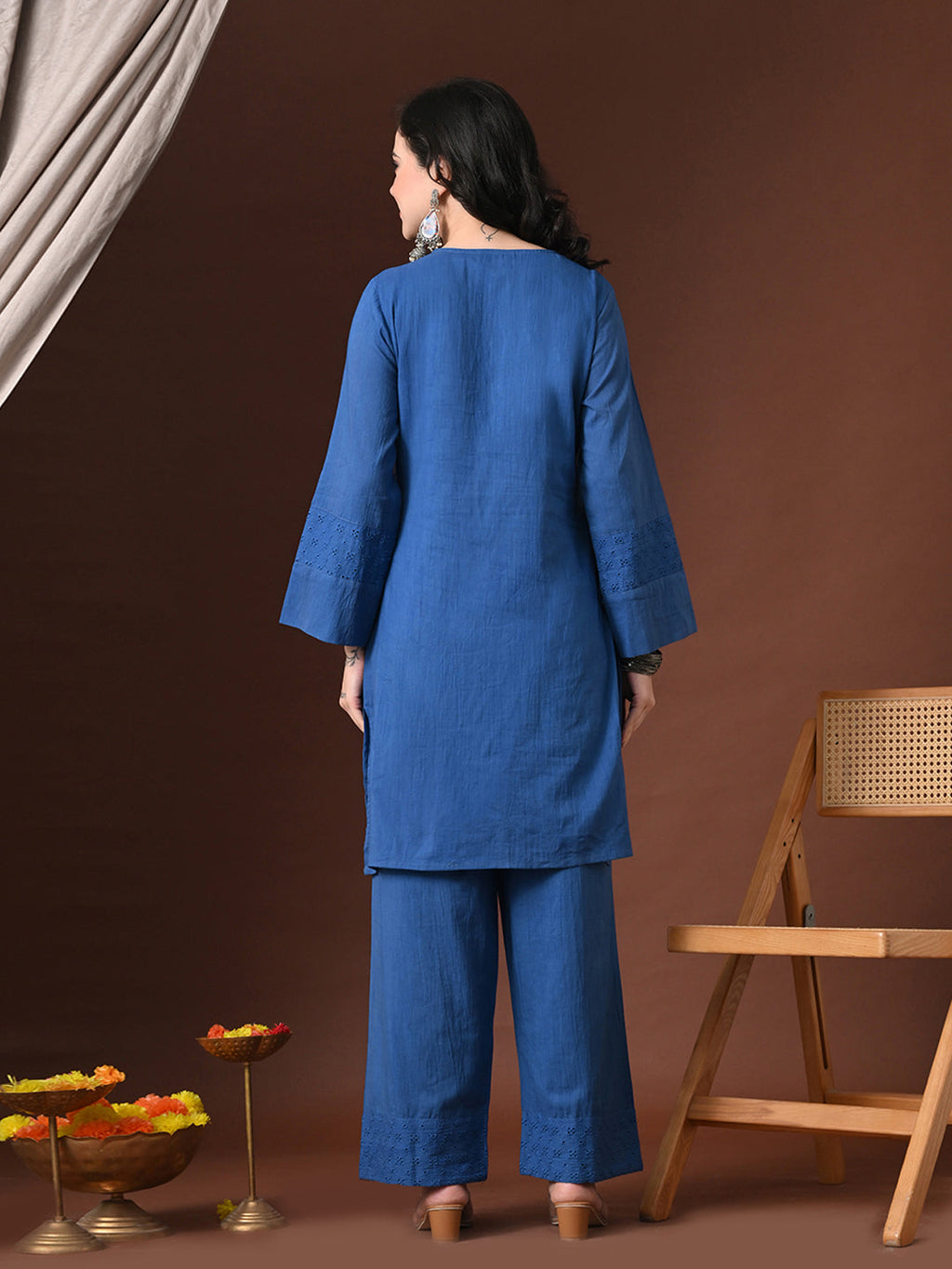 Myshka Women Blue Pure Cotton Asymmetrical Three-Forth Sleeve Kurta with Trouser
