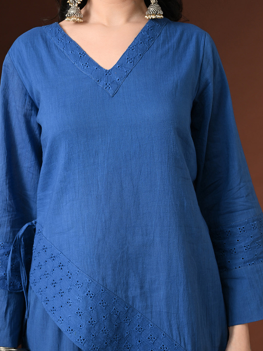 Myshka Women Blue Pure Cotton Asymmetrical Three-Forth Sleeve Kurta with Trouser
