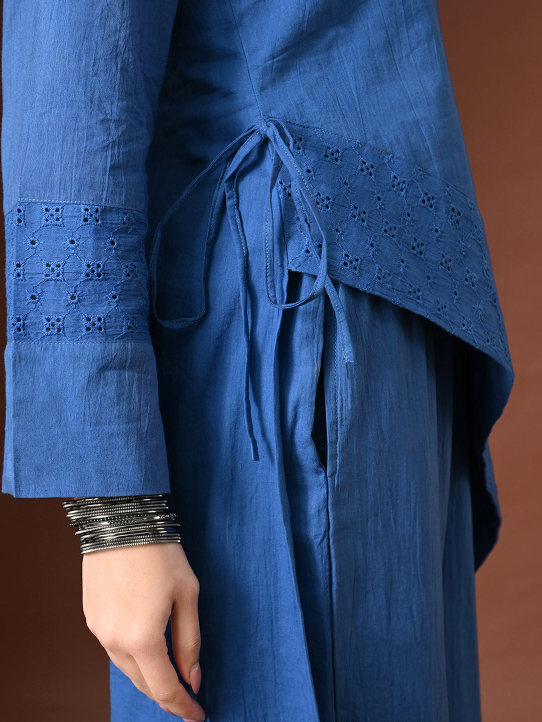 Myshka Women Blue Pure Cotton Asymmetrical Three-Forth Sleeve Kurta with Trouser
