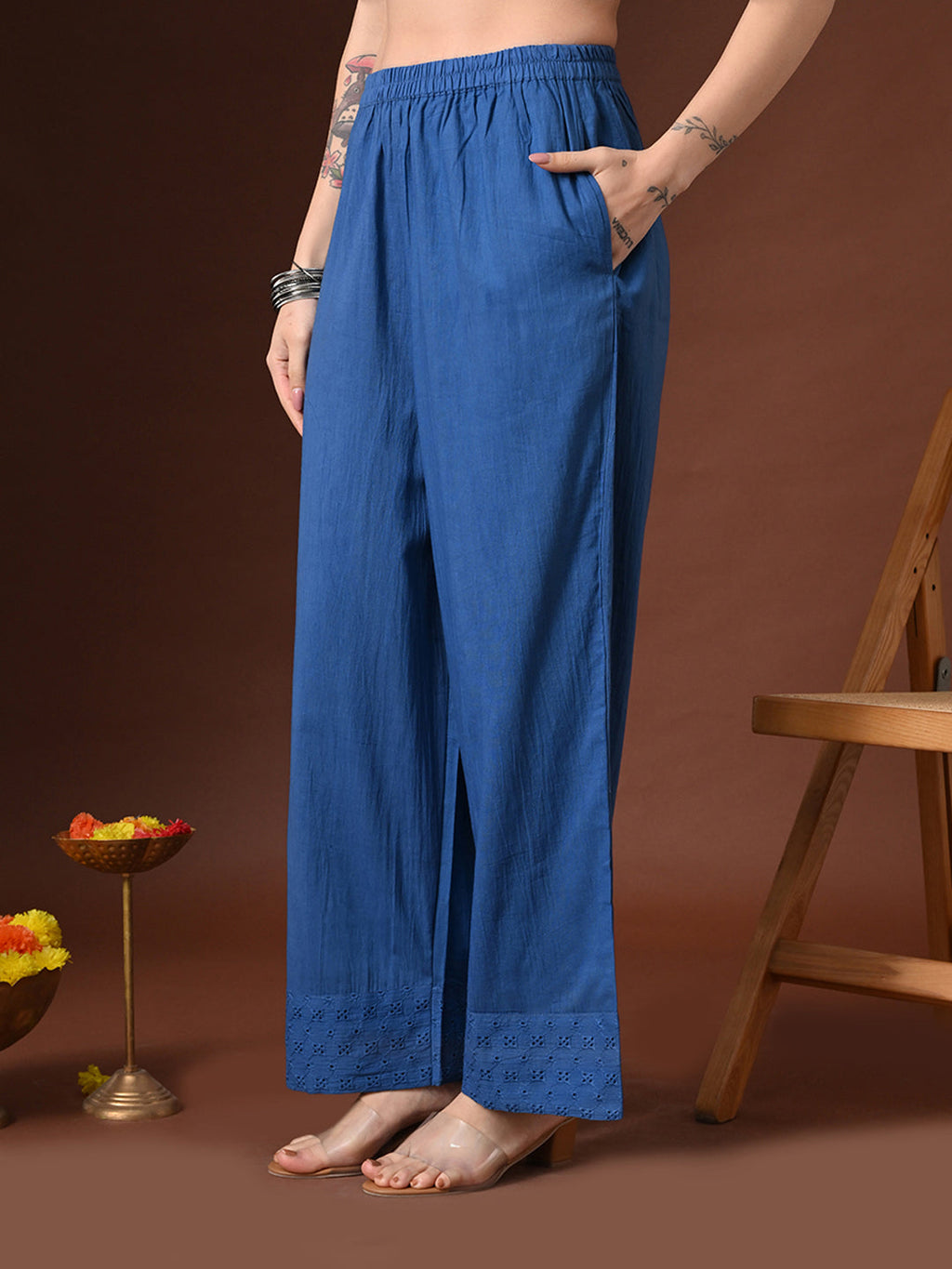 Myshka Women Blue Pure Cotton Asymmetrical Three-Forth Sleeve Kurta with Trouser