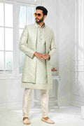 Raivat Ethnic Art Silk Embroidery Work 3 Pcs Indo Jacket Set In Pista Green Colour