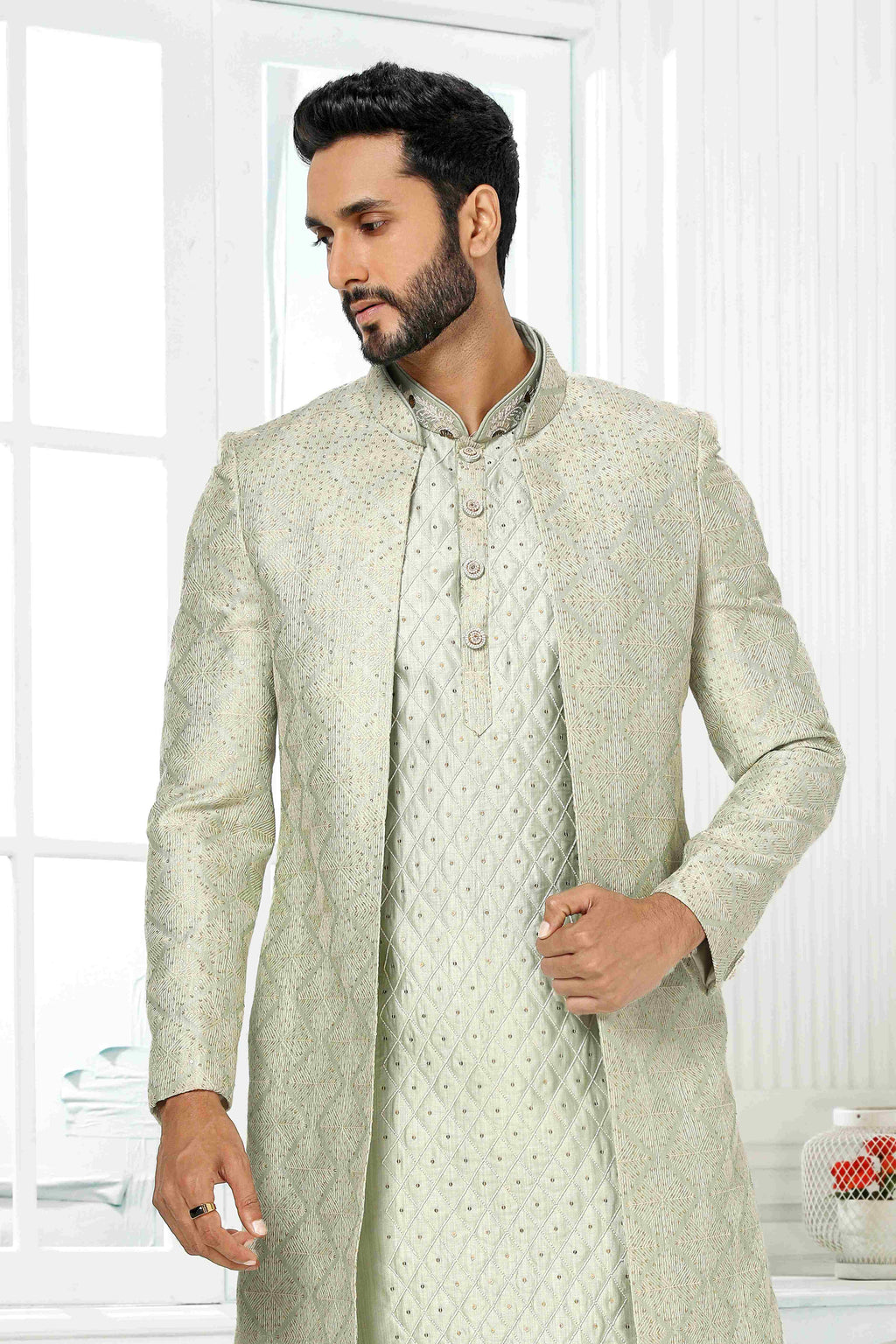Raivat Ethnic Art Silk Embroidery Work 3 Pcs Indo Jacket Set In Pista Green Colour