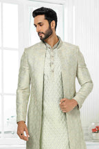 Raivat Ethnic Art Silk Embroidery Work 3 Pcs Indo Jacket Set In Pista Green Colour