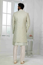 Raivat Ethnic Art Silk Embroidery Work 3 Pcs Indo Jacket Set In Pista Green Colour