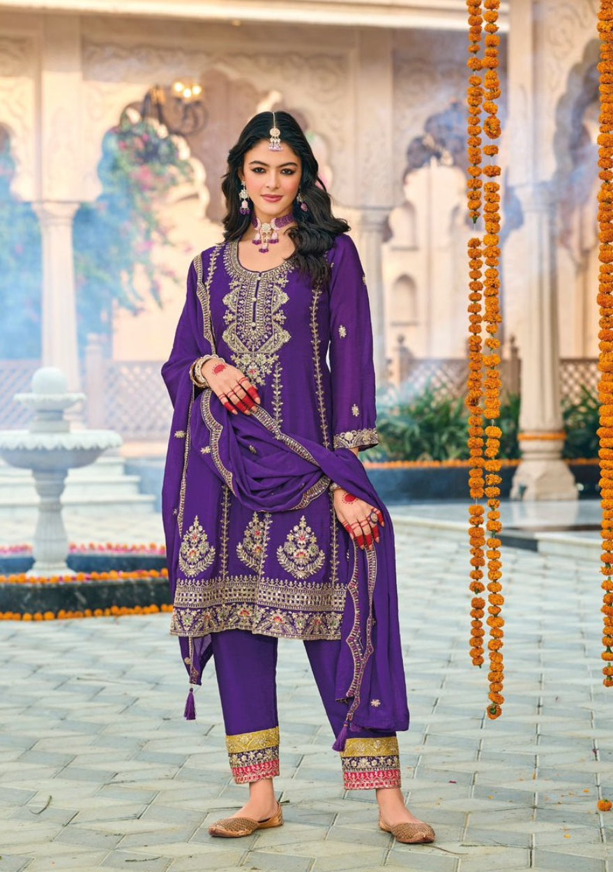 Anaita Purple Embroidered Chinon Sequence Work Stitched Anarkali Suit - Distacart