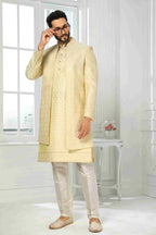 Raivat Ethnic Art Silk Embroidery Work 3 Pcs Indo Jacket Set In Yellow Colour
