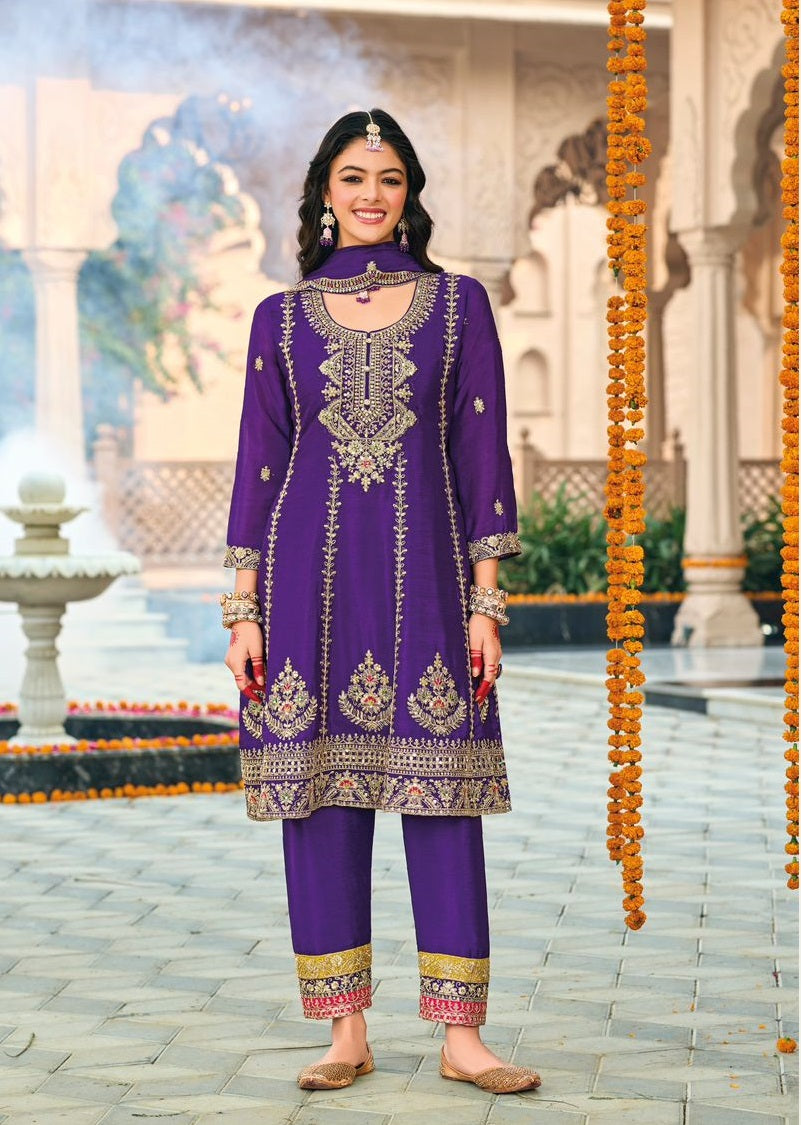 Anaita Purple Embroidered Chinon Sequence Work Stitched Anarkali Suit - Distacart