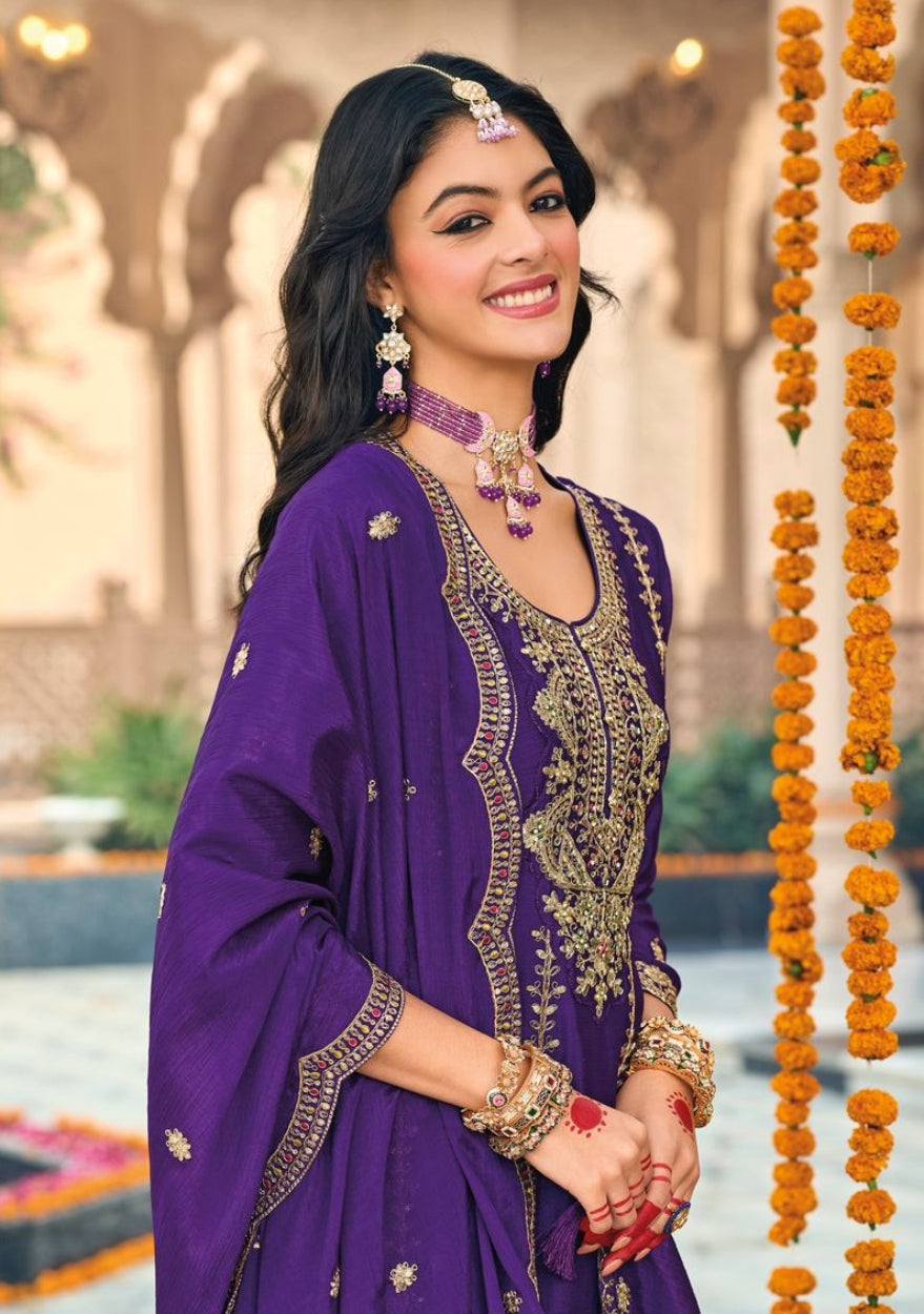 Anaita Purple Embroidered Chinon Sequence Work Stitched Anarkali Suit - Distacart